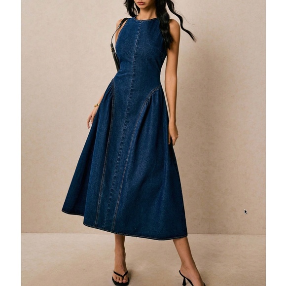 Dresses & Skirts - Dark Wash Open Back Sleeveless Flared Hem Denim Dress